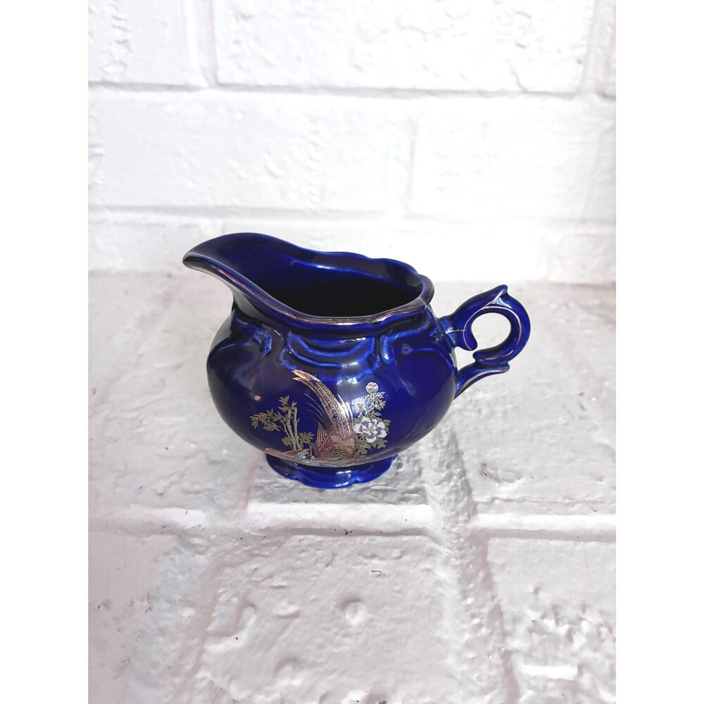 Vintage Cobalt Blue Ceramic Creamer • Ornate Gold Gilt Overlay Mini Pitcher